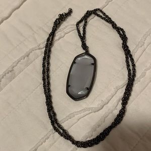 Kendra Scott Long Pendant Necklace with Dark Metal Chain and Silvery White Stone